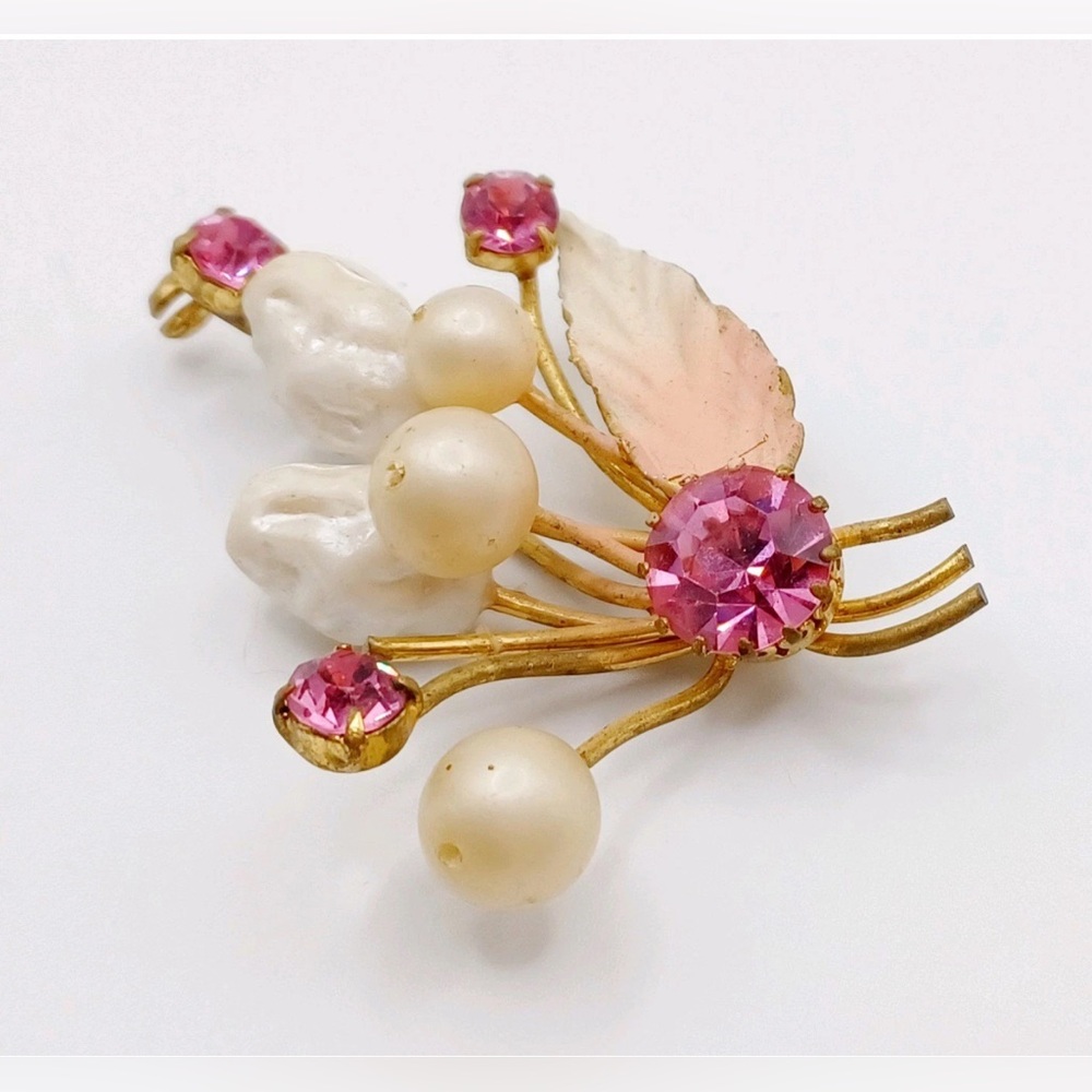 Rare Vintage Gold Unique Austrian Pearls and Gemstone Broach - Picture 2 of 6